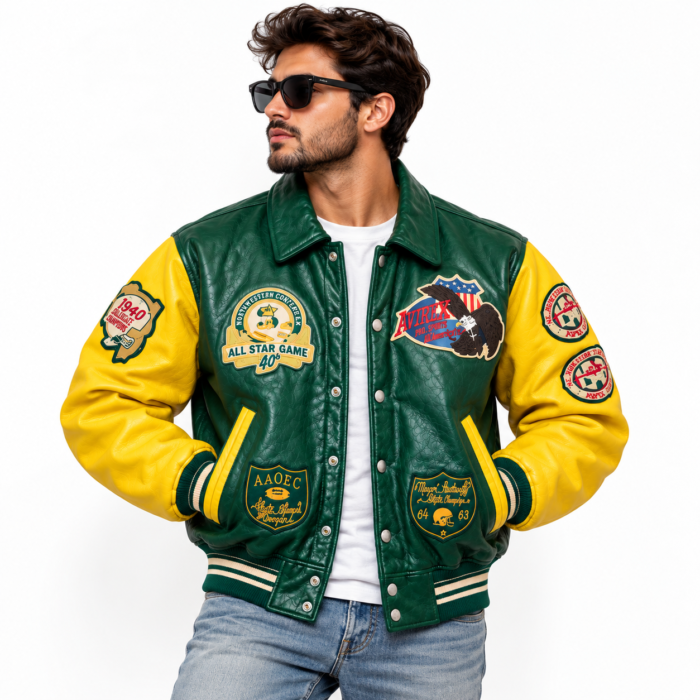Avirex Green and Yellow Varsity Leather Bomber Jacket | Blackstone Jackets