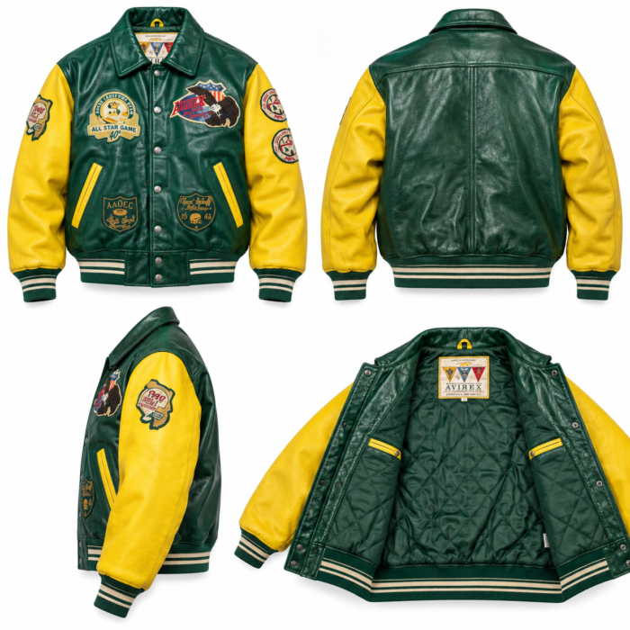 Avirex Green and Yellow Varsity Leather Bomber Jacket | Blackstone Jackets