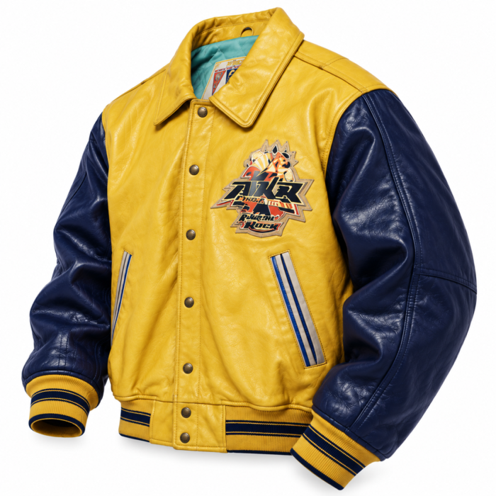 Avirex Aztec Rock Yellow and Navy Leather Varsity Bomber Jacket | Blackstone Jackets