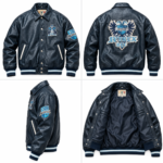 Avirex Navy Blue Crocodile Textured Leather Varsity Jacket | Blackstone Jackets
