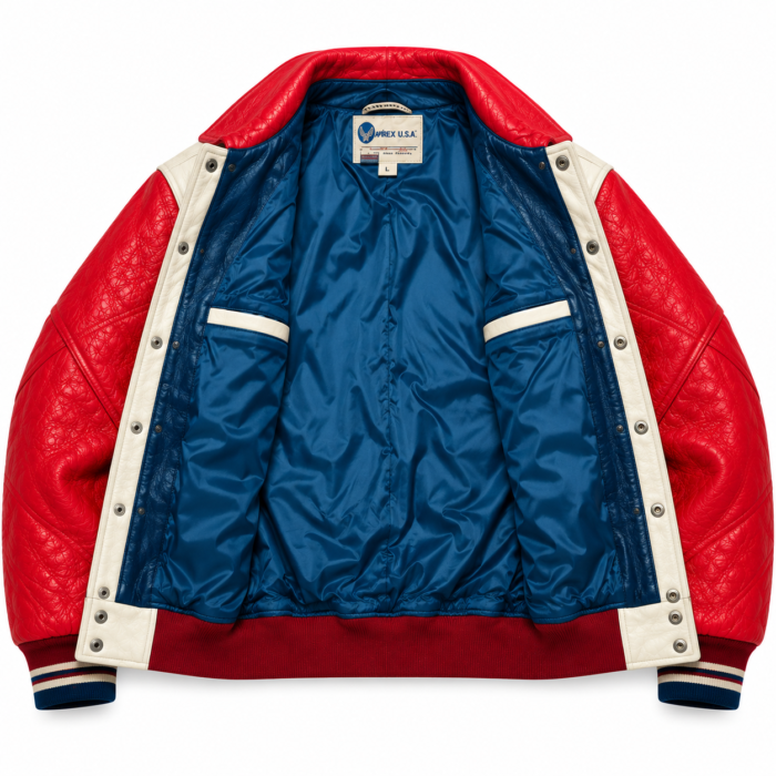 Avirex USA NBA All Star Cream and Red Varsity Bomber Jacket | Blackstone Jackets