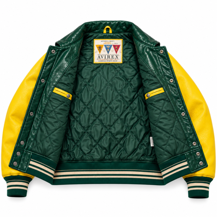 Avirex Green and Yellow Varsity Leather Bomber Jacket | Blackstone Jackets