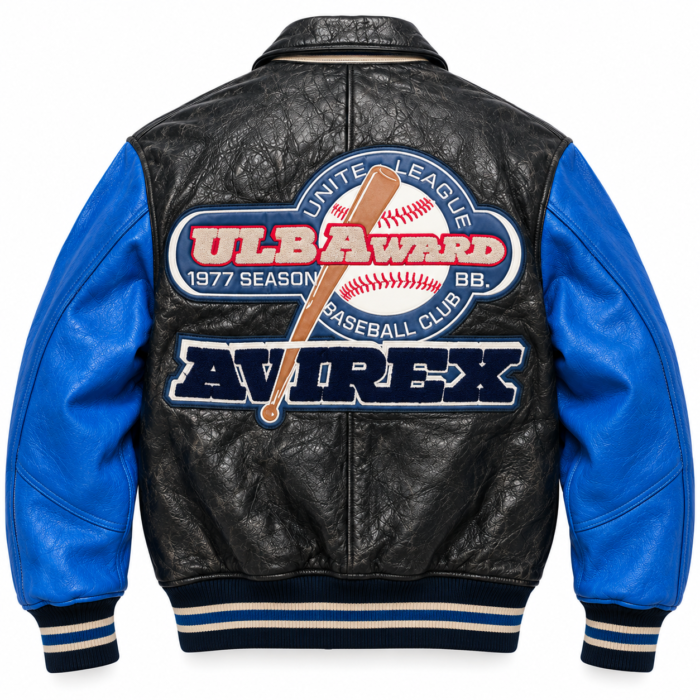 Avirex ULBAward Black and Blue Baseball Varsity Leather Bomber Jacket | Blackstone Jackets
