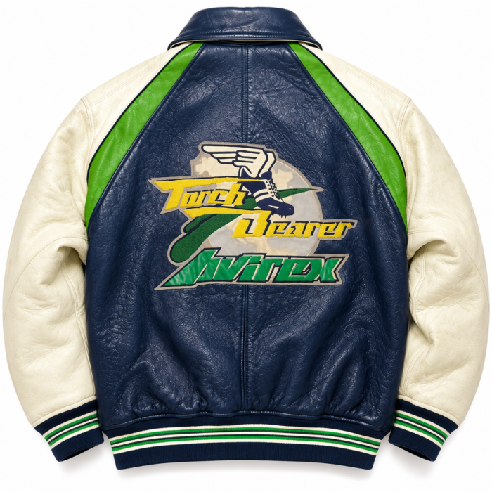Avirex Blockwear Navy Blue Leather Varsity Bomber Jacket | Blackstone Jackets