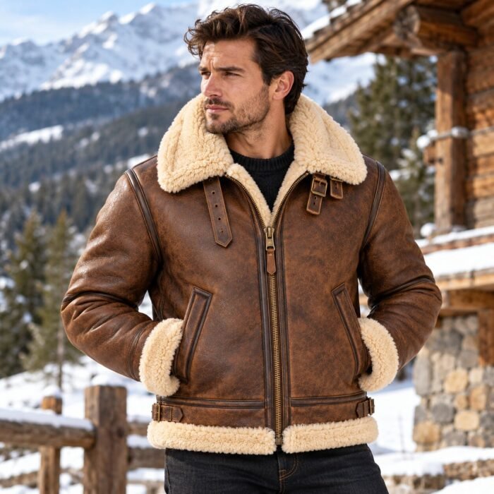 Dakota Espresso With Tan Shearling Men's B-3 Shearling Flight Leather Jacket | Blackstone Jackets