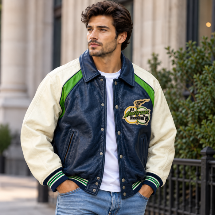 Avirex Discus Team Navy Blue Leather Varsity Bomber Jacket | Blackstone Jackets