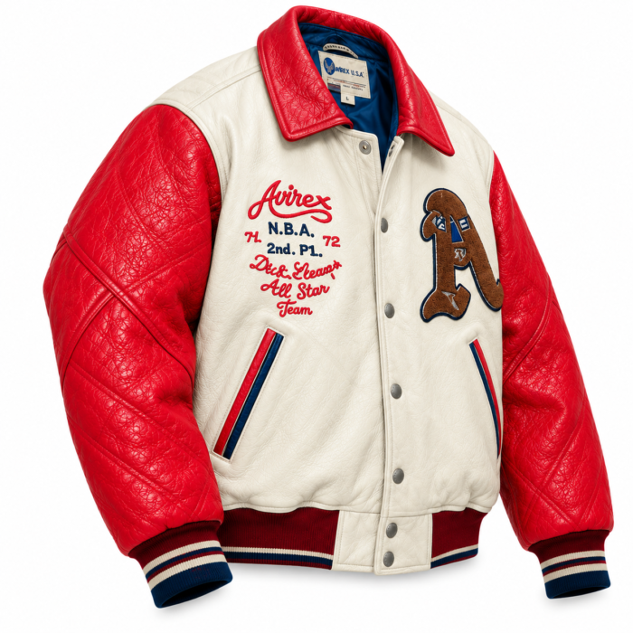 Avirex USA NBA All Star Cream and Red Varsity Bomber Jacket | Blackstone Jackets