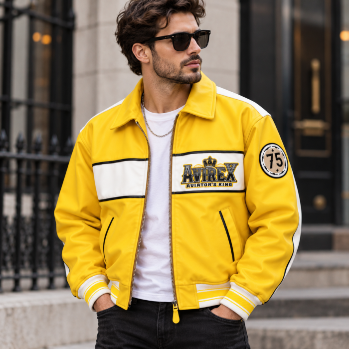 Avirex Aviator's King 75 Yellow and White Leather Bomber Jacket | Blackstone Jackets