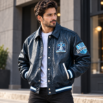 Avirex Navy Blue Crocodile Textured Leather Varsity Jacket | Blackstone Jackets