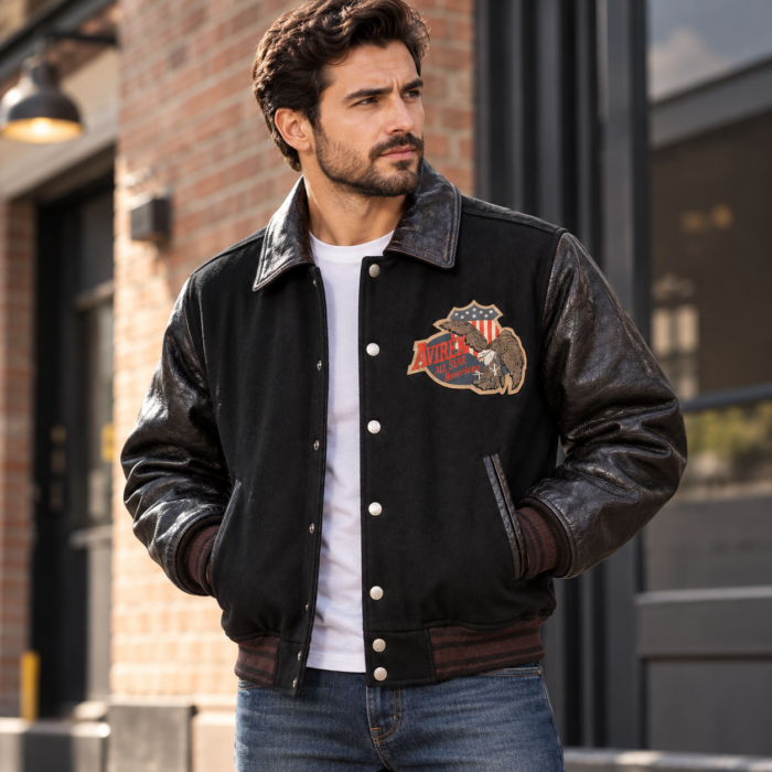 Avirex All Star American Black Wool and Leather Varsity Bomber Jacket | Blackstone Jackets