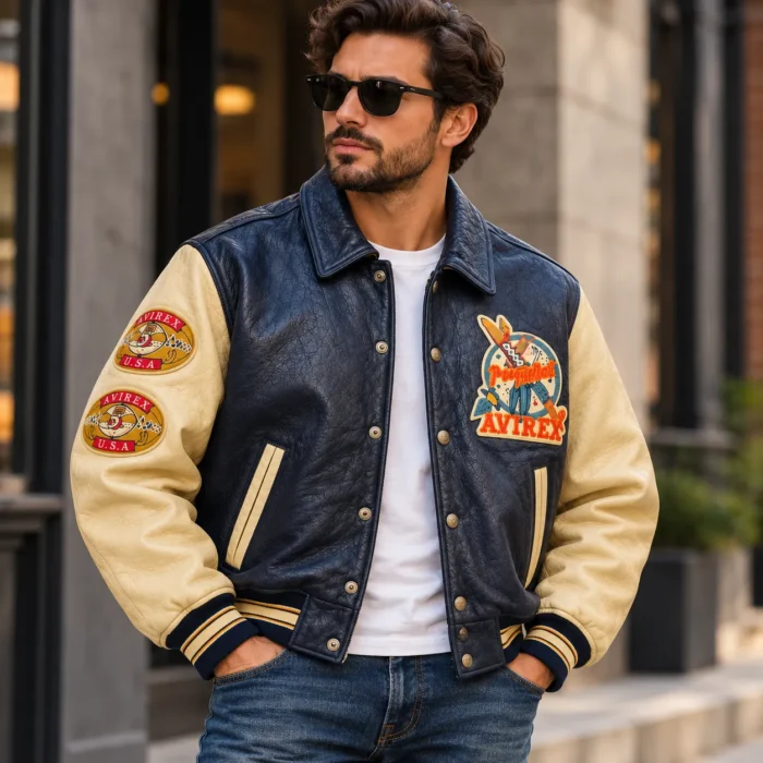 Avirex Orang Indians Navy Blue Leather Varsity Jacket | Blackstone Jackets