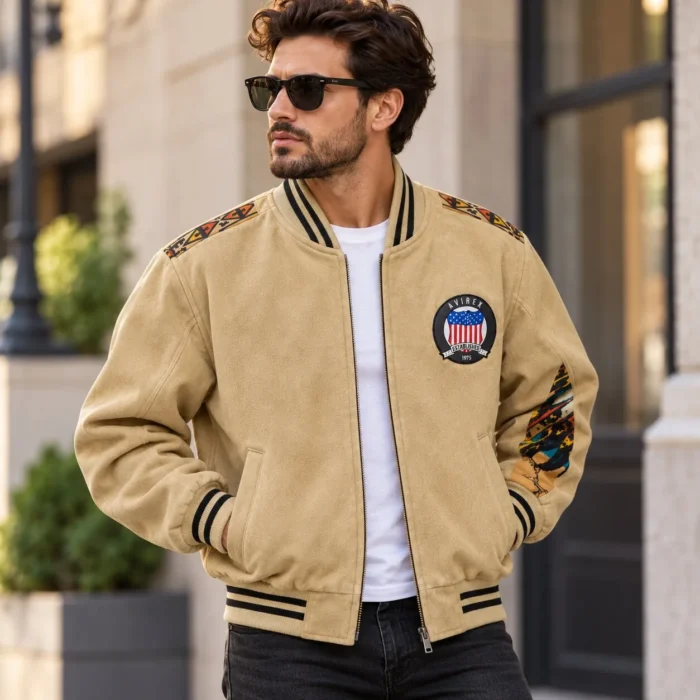 Avirex Crow Lake Beige Suede Bomber Jacket | Blackstone Jackets