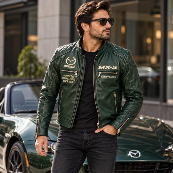 Handmade Mazda MX-5 Green Leather Jacket | Men's Motorsport Racing Jacket | Blackstone Jackets