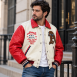 Avirex USA NBA All Star Cream and Red Varsity Bomber Jacket | Blackstone Jackets