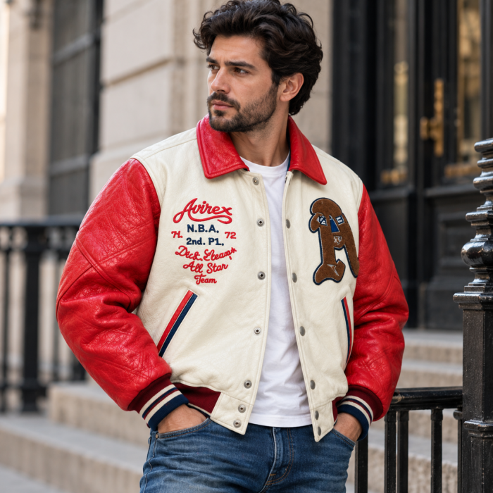 Avirex USA NBA All Star Cream and Red Varsity Bomber Jacket | Blackstone Jackets