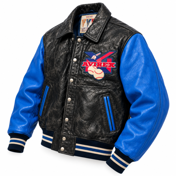 Avirex ULBAward Black and Blue Baseball Varsity Leather Bomber Jacket | Blackstone Jackets