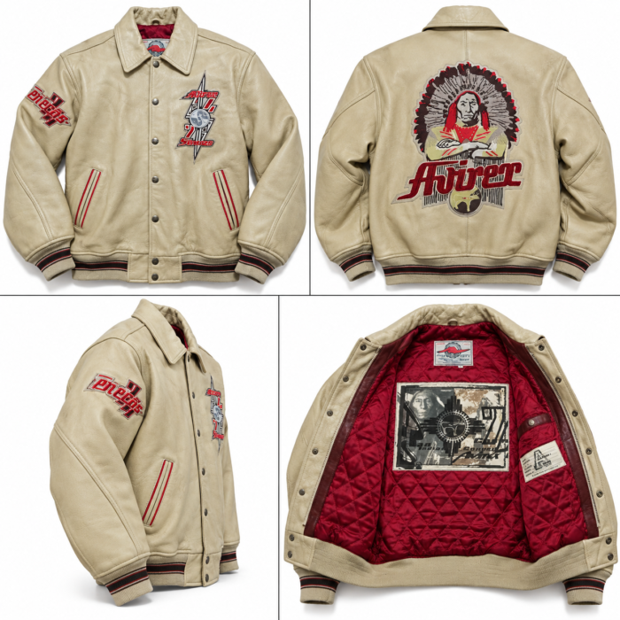 Avirex Cream Leather Varsity Bomber Jacket with Chief Back Patch | Blackstone Jackets