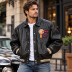 Avirex Choctaw Black Leather Varsity Bomber Jacket | Blackstone Jackets