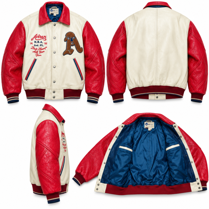 Avirex USA NBA All Star Cream and Red Varsity Bomber Jacket | Blackstone Jackets