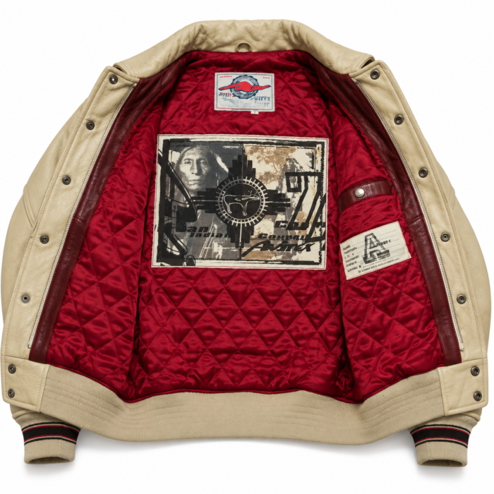 Avirex Cream Leather Varsity Bomber Jacket with Chief Back Patch | Blackstone Jackets