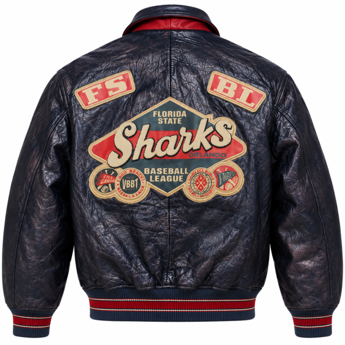 Avirex Florida Sharks Navy Leather Varsity Bomber Jacket | Blackstone Jackets