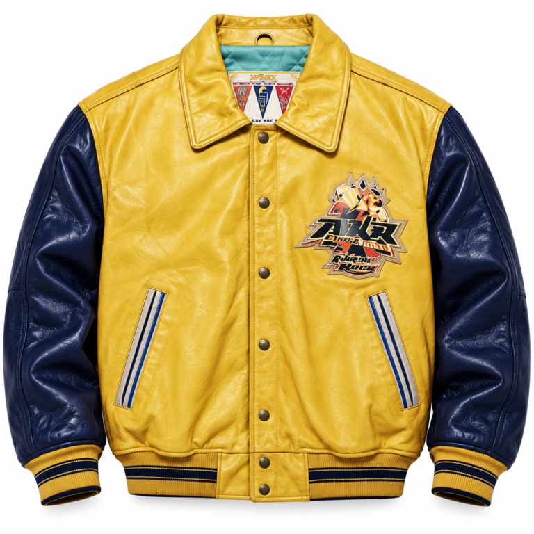 Avirex Aztec Rock Yellow and Navy Leather Varsity Bomber Jacket | Blackstone Jackets