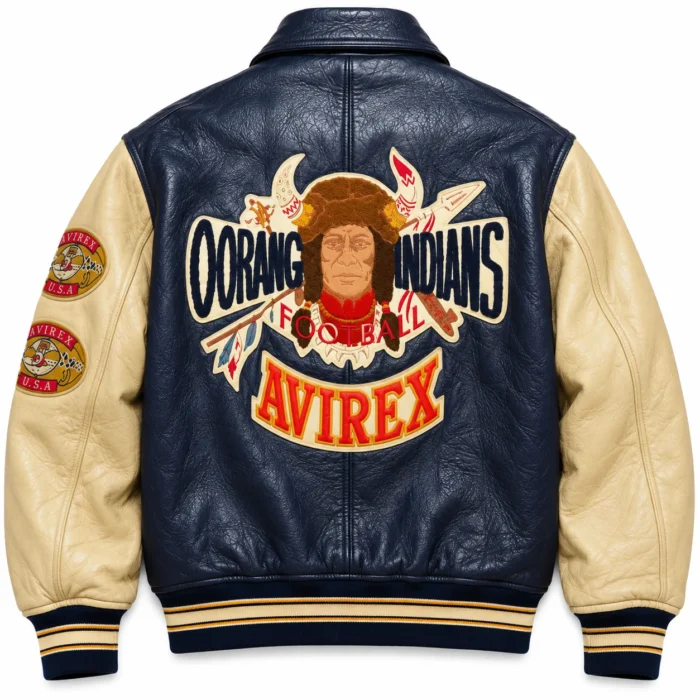 Avirex Orang Indians Navy Blue Leather Varsity Jacket | Blackstone Jackets