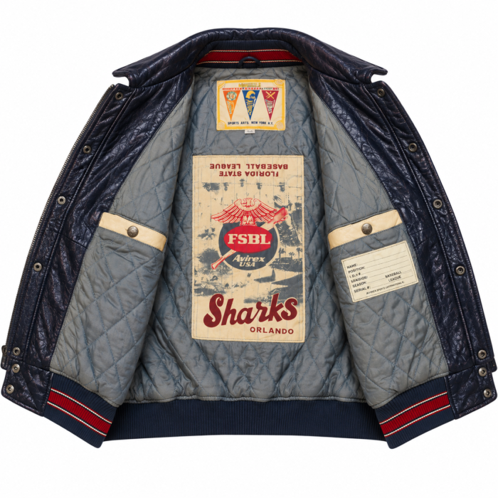 Avirex Florida Sharks Navy Leather Varsity Bomber Jacket | Blackstone Jackets