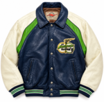 Avirex Discus Team Navy Blue Leather Varsity Bomber Jacket | Blackstone Jackets