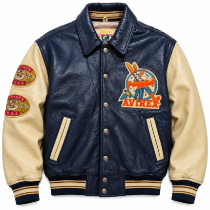 Avirex Orang Indians Navy Blue Leather Varsity Jacket | Blackstone Jackets