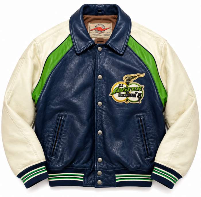 Avirex Discus Team Navy Blue Leather Varsity Bomber Jacket | Blackstone Jackets Avirex Discus Team Navy Blue Leather Varsity Bomber Jacket | Blackstone Jackets