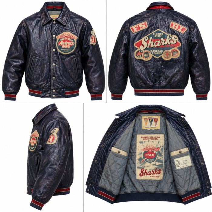 Avirex Florida Sharks Navy Leather Varsity Bomber Jacket | Blackstone Jackets