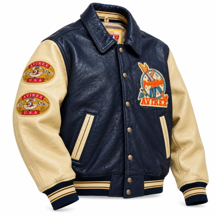 Avirex Orang Indians Navy Blue Leather Varsity Jacket | Blackstone Jackets
