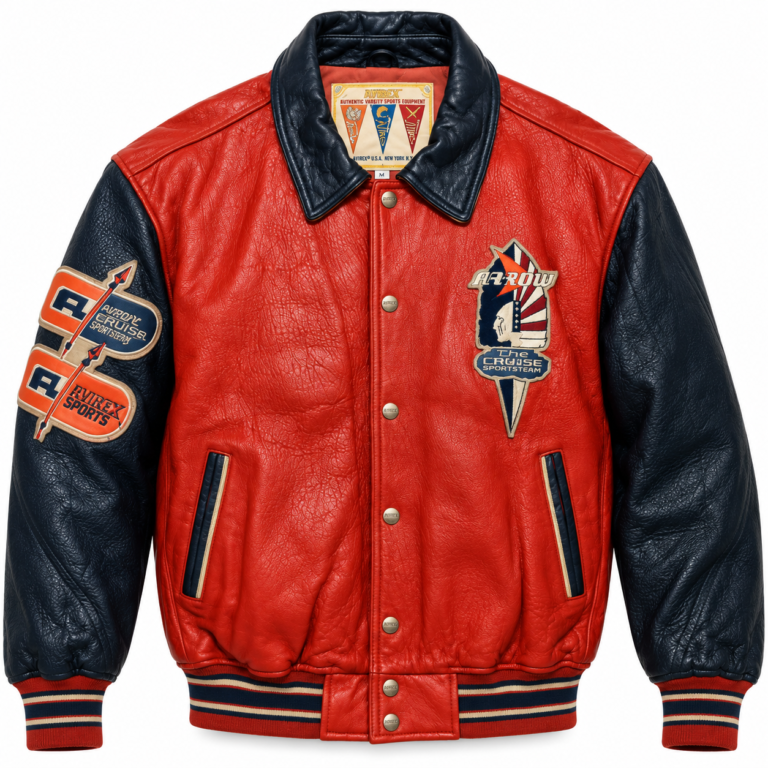 Avirex Arrow Red and Navy Leather Varsity Bomber Jacket | Blackstone Jackets