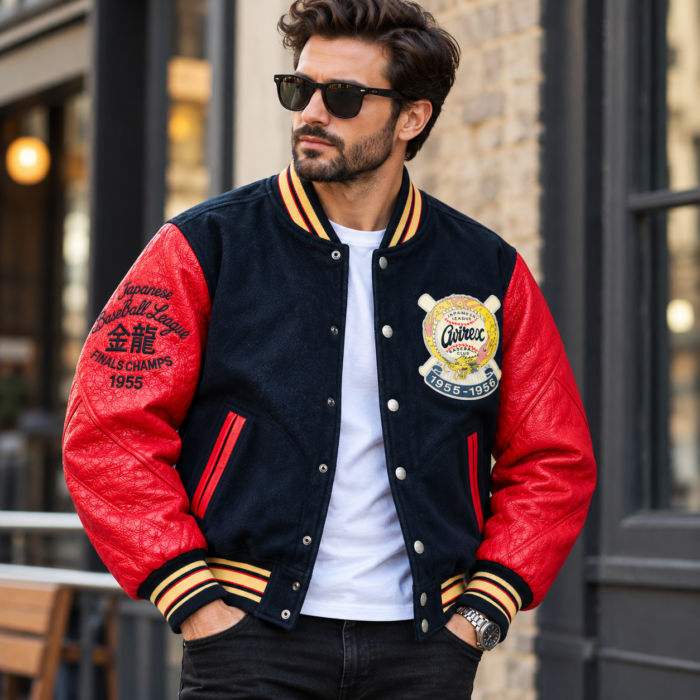 Avirex Gold Dragons Navy and Red Varsity Bomber Jacket | Blackstone Jackets