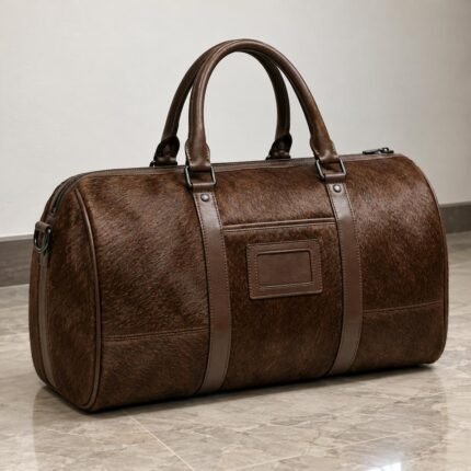 Handmade Pony Hair Leather Duffle Bag in Chocolate Brown - Full View