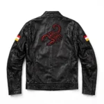 Abarth Leather Jacket back view — black with red street racer jacket with back embroidery and sponsor-style patches