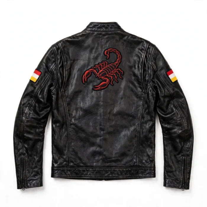 Abarth Leather Jacket back view — black with red street racer jacket with back embroidery and sponsor-style patches
