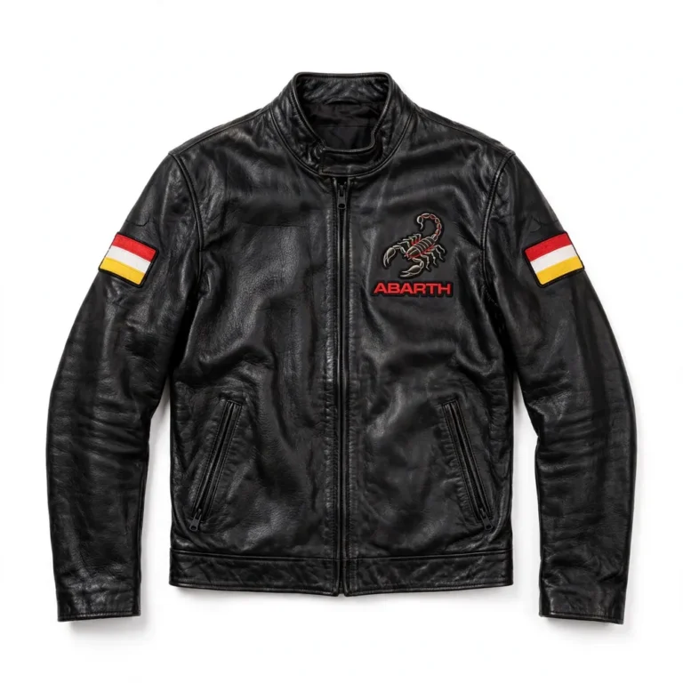 Abarth Leather Jacket front view — black with red street racer jacket with chest embroidery and sponsor-style patches