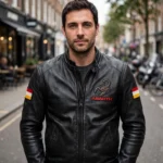 Abarth Leather Jacket model view — front-facing model wearing the black with red street racer jacket with chest embroidery