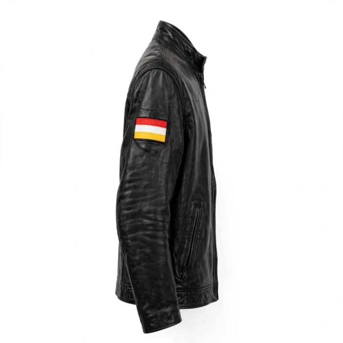 Abarth Leather Jacket side view — black with red street racer jacket with sleeve embroidery
