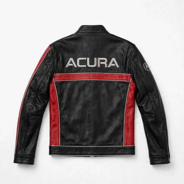 Acura Leather Jacket back view, black with red panels and silver trim racer jacket