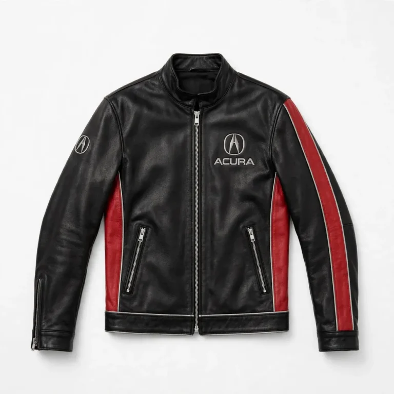 Acura Leather Jacket front view, black with red panels and silver trim racer jacket