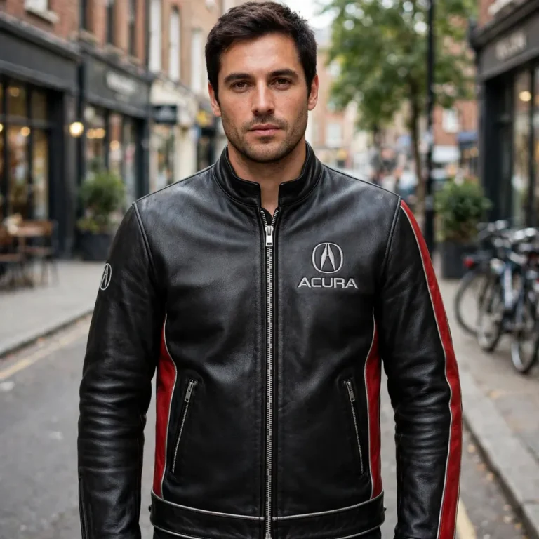 Model wearing the Acura Leather Jacket, black with red panels and silver trim racer jacket