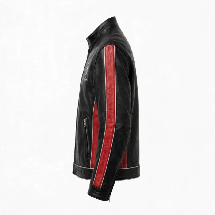 Acura Leather Jacket side view, black with red panels and silver trim racer jacket