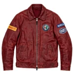 Alfa Romeo Leather Jacket front view — deep red heritage racer jacket with chest embroidery and sponsor-style patches