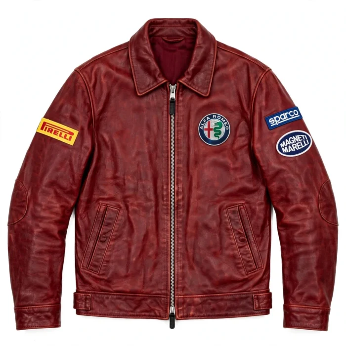 Alfa Romeo Leather Jacket front view — deep red heritage racer jacket with chest embroidery and sponsor-style patches