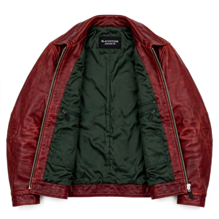 Alfa Romeo Leather Jacket inner view — plain lining with inside pockets and Blackstone Jackets neck label
