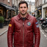 Alfa Romeo Leather Jacket model view — front-facing model wearing the deep red heritage racer jacket with chest embroidery