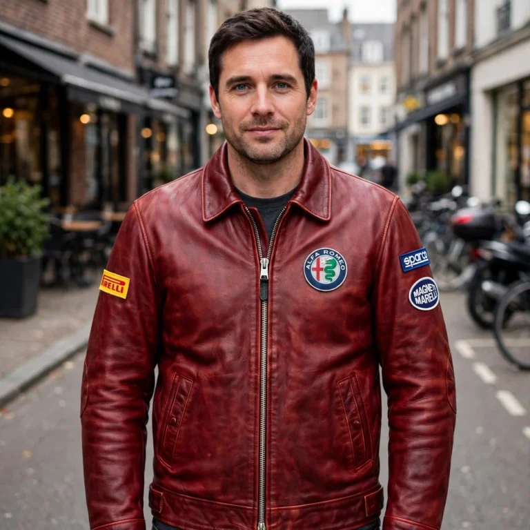 Alfa Romeo Leather Jacket model view — front-facing model wearing the deep red heritage racer jacket with chest embroidery